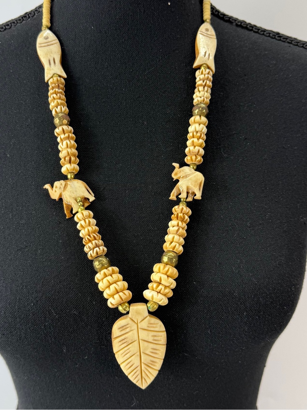 Vintage Carved Soapstone Statement Necklace Fish Elephant Leaf 15” Pooka Chain